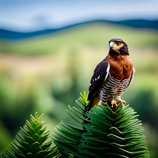  an enchanting image of a solitary hawk perched atop a towering pine tree, its piercing gaze surveying the vast expanse of a lush meadow below