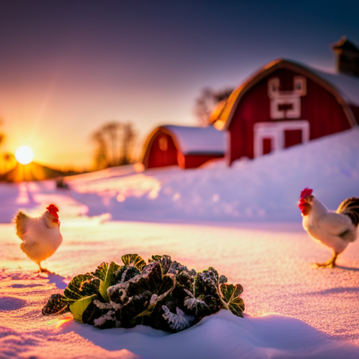 An image depicting a cozy winter scene with chickens happily pecking at a variety of nutrient-rich vegetables like kale, cabbage, and carrots