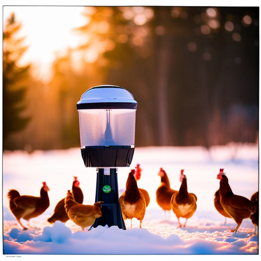An image showcasing a cozy winter scene: a heated water dispenser placed next to a flock of chickens pecking at vibrant vegetables like kale, Brussels sprouts, and carrots, all covered in a light dusting of snow