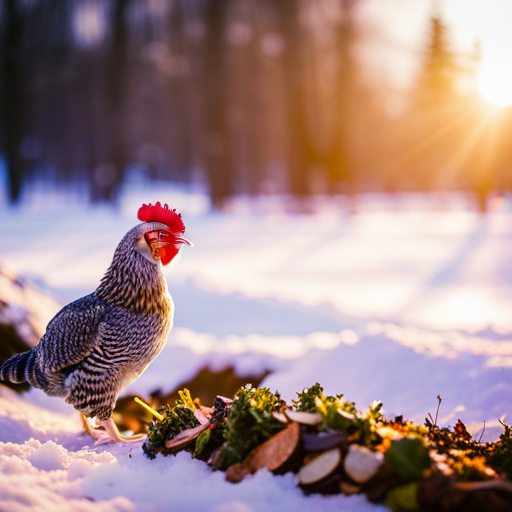 An image showcasing a cozy winter scene with a chicken pecking at a vibrant assortment of nutrient-rich vegetables like kale, Brussels sprouts, and carrots, providing a visual feast for your feathered friends