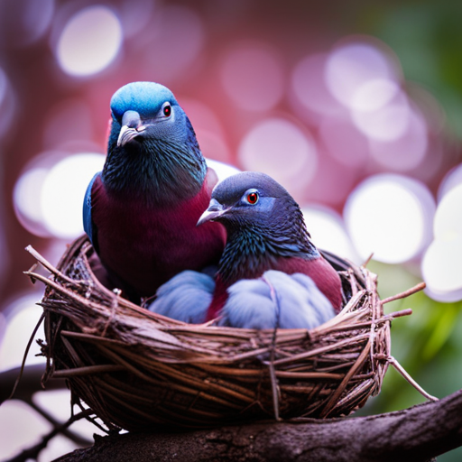 An image depicting a cozy pigeon nest nestled in a sturdy tree, adorned with soft feathers and twigs