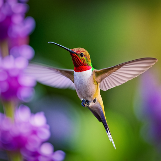 An image capturing the vibrant allure of hummingbirds with red heads; showcase their exquisite iridescent plumage, delicate long beaks, and graceful hovering flight, evoking a sense of awe and wonder