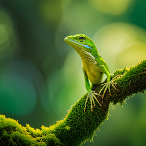  an intimate moment in Florida's lush ecosystem: a vibrant Green Anole perched on a moss-covered branch, its emerald scales glimmering in the dappled sunlight, as it blends seamlessly with its verdant surroundings