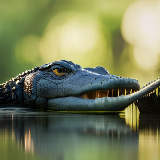  the essence of Florida's diverse ecosystem with an image of an American Alligator, its powerful jaws slightly ajar, basking in the sun as its scaly body blends seamlessly into the murky water of a swamp
