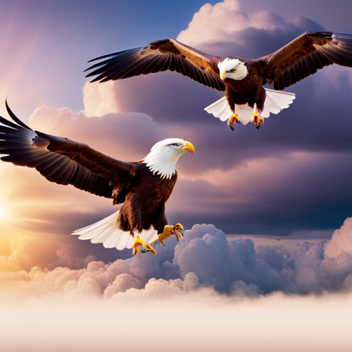 An image showcasing a group of majestic eagles soaring through the sky in perfect formation, their wings outstretched and bodies aligned, symbolizing the awe-inspiring power of unity