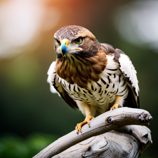 An image showcasing a majestic hawk perched on a tree branch, its sharp gaze fixed on a flock of nervous birds nearby