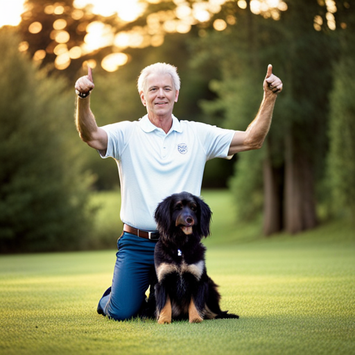 An image showcasing a dog trainer demonstrating advanced hand signals for recall and heel commands