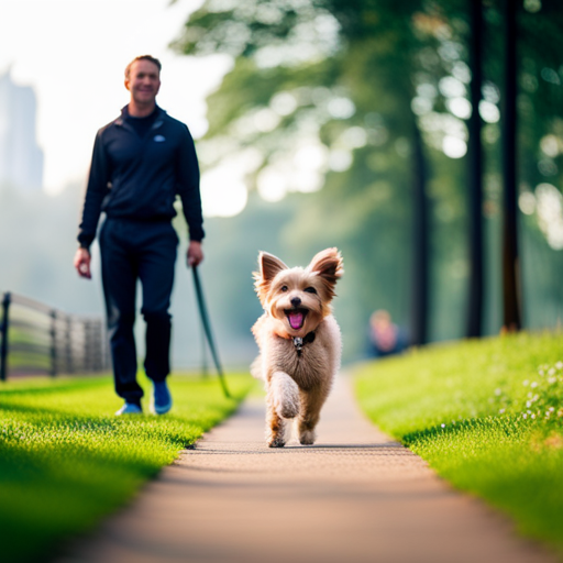 An image showcasing a serene park setting with a focused dog walking obediently off-leash beside its owner