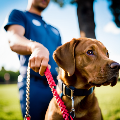 An image of a dog trainer securely gripping a sturdy, brightly-colored dog training lead, while the dog confidently walks beside them