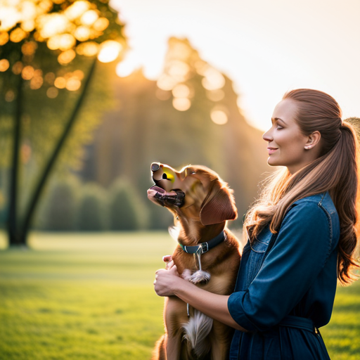 An image showcasing a serene park scene with a focused dog owner using a dog training whistle