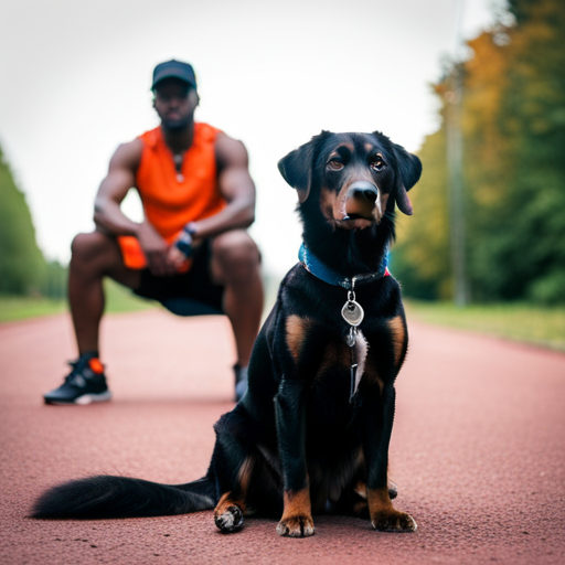 An image showcasing a trainer holding a dog training whistle, while their well-behaved canine companion sits attentively nearby