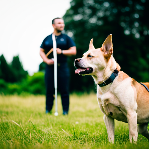An image showcasing a well-trained dog in obedience training, with a focused expression, standing alertly beside its owner who holds a dog training whistle