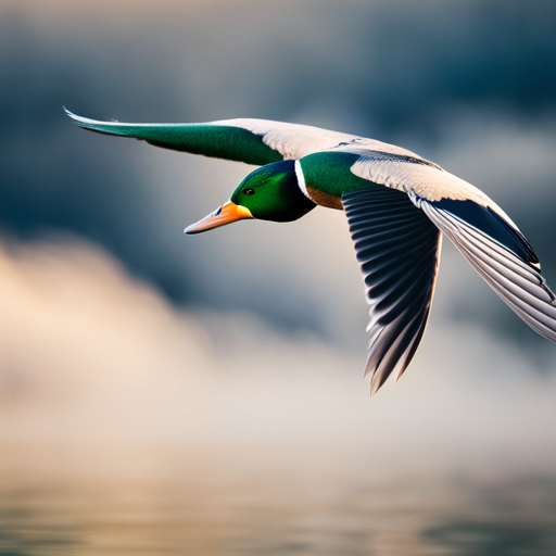 An image showcasing a majestic mallard duck soaring gracefully through the sky, its wings outstretched in full flight
