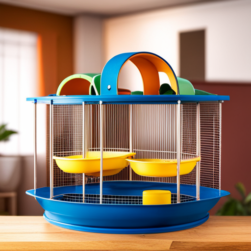 An image showcasing a spacious wrought iron bird cage for Conures, featuring removable feeding bowls, a swing perch, a sliding tray for easy cleaning, and a play area with interactive toys