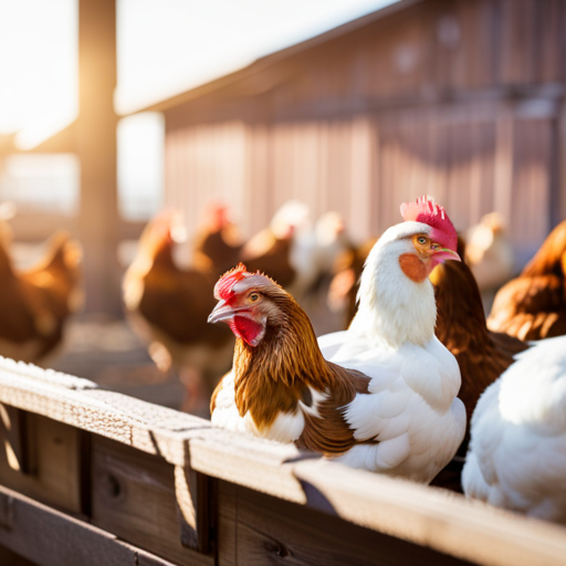 An image capturing the essence of egg production strategies: a bustling chicken coop with hens comfortably nestled in elevated nesting boxes, while others confidently explore a well-organized feeding area, radiating productivity and efficiency