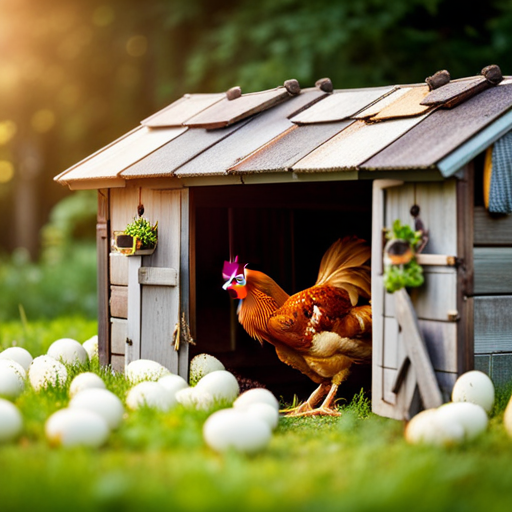 An image showcasing a well-lit, spacious chicken coop filled with content hens comfortably nesting in specially designed, clean and cozy nesting boxes, surrounded by baskets overflowing with an abundance of freshly laid, vibrant and perfectly shaped eggs