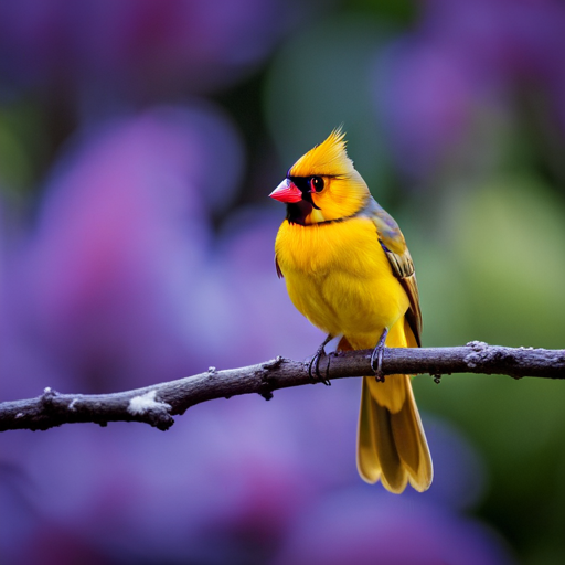 An image capturing the ethereal beauty of a yellow and white cardinal perched on a tree branch, its vibrant plumage contrasting with the surrounding greenery, igniting curiosity about the elusive Blue Cardinal