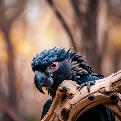 An image capturing the poignant essence of the endangered Black Palm Cockatoo's conservation crisis, showcasing the majestic bird perched on a withered tree branch against a hauntingly barren backdrop, symbolizing the imminent threat to its existence