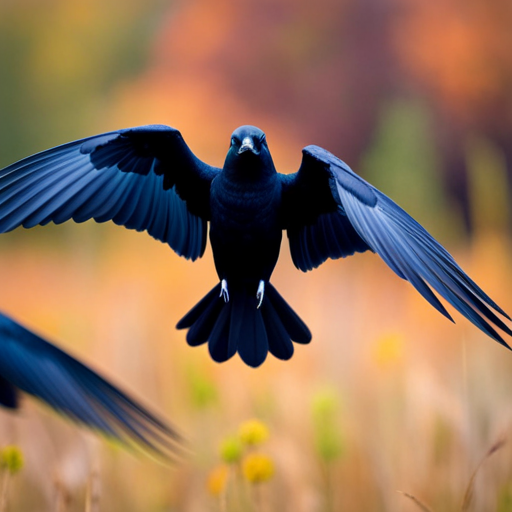An image capturing the intense aerial showdown between a majestic crow, a cunning raven, and a swift blackbird amidst a vibrant autumnal landscape, symbolizing their seasonal migration patterns