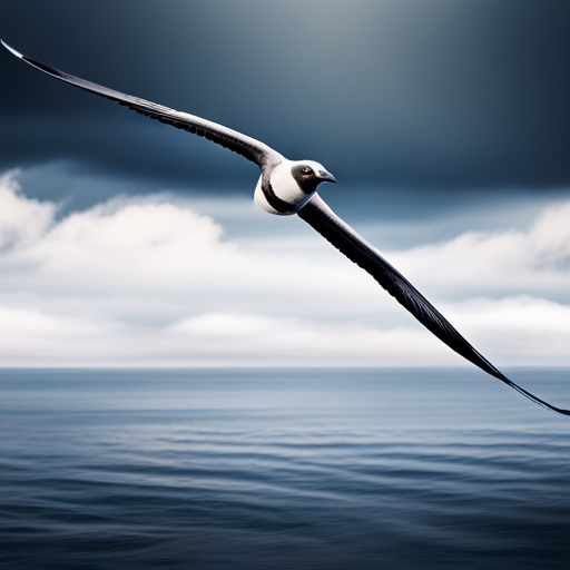 An image capturing the majestic flight of a Grey-headed Albatross over a vast ocean expanse, emphasizing its graceful wingspan, sleek grey plumage, and piercing eyes, symbolizing the bird's crucial role as an environmental indicator