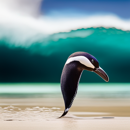  the striking beauty of an African penguin as it gracefully glides through crystal-clear turquoise waters, showcasing its sleek black and white plumage, distinct yellow markings, and adorable waddling gait