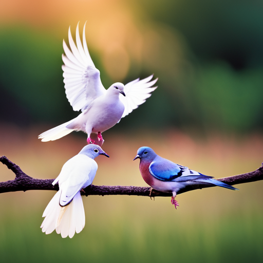 An image showcasing two birds perched on a branch: a serene dove with pure white feathers symbolizing peace, and a mischievous pigeon with iridescent feathers representing a feisty and playful nature