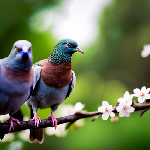 An image that showcases the stark contrast between doves and pigeons, depicting a serene and lush garden where doves gracefully perch on blooming branches, while pigeons congregate in bustling urban surroundings, highlighting their divergent habitat preferences and behaviors