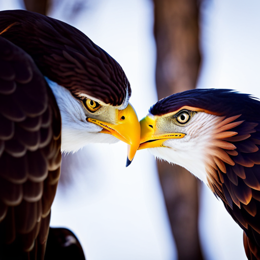 An image capturing the intense aerial clash between a magnificent bald eagle and a fearsome hawk, showcasing their contrasting physical attributes: the eagle's regal wingspan and snowy plumage juxtaposed against the hawk's sleek silhouette and piercing gaze