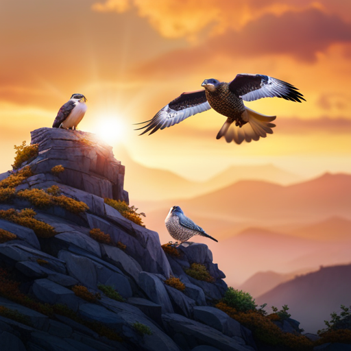 An image that captures the essence of falcons and hawks' nesting habitats: a soaring falcon perched atop a towering cliff, overlooking a rugged landscape, while a hawk stealthily builds its nest amidst dense foliage in a vibrant forest