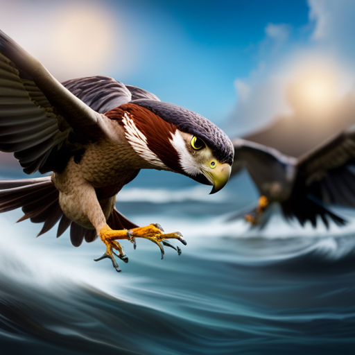 An image showcasing a dramatic aerial showdown between a powerful, talon-clenching falcon and a sly, precision-diving hawk, their fierce eyes locked on each other amidst swirling currents of wind and feathers