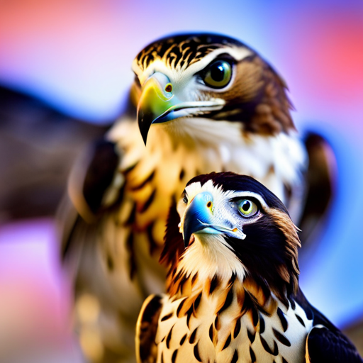 An image showcasing a fierce falcon and a cunning hawk perched on separate branches, engaging in an intense vocalization battle