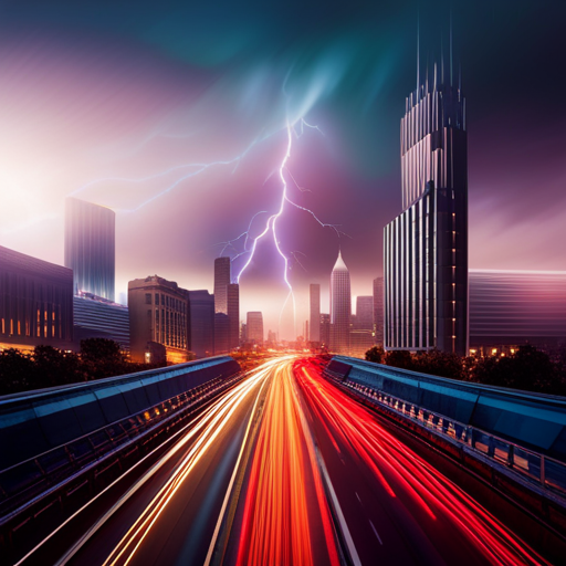 An image capturing the electrifying moment when Flash's lightning streaks across Starling City's skyline, as the Scarlet Speedster races through the city streets, leaving a trail of vibrant colors in his wake