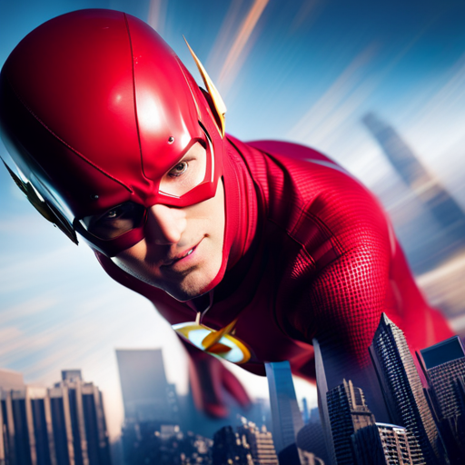 An image capturing the electrifying essence of Flash's visits to Starling City, showcasing his dynamic speed, vibrant red suit, and the city's iconic skyline as a backdrop, pulsating with excitement and adventure