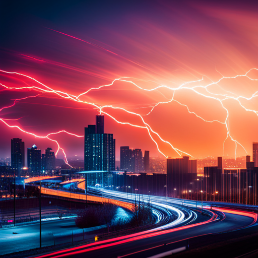 An image capturing the electrifying impact of Flash's visits on Starling City: the scarlet speedster streaking through the night sky, leaving vibrant trails of lightning that illuminate the transformed cityscape below