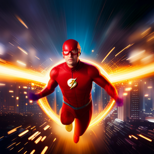 An image capturing the chaos in Starling City as Flash's explosive arrival sets buildings ablaze, sending sparks and debris flying through the air, while citizens flee in panic and the city skyline glows with the intensity of the superhero's battle