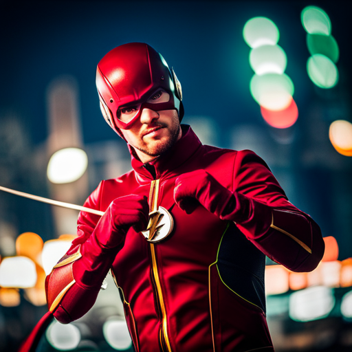 An image capturing the electrifying alliance between Flash and Arrow in Starling City: Flash, with his crimson suit and lightning-fast speed, dashing alongside Arrow, clad in green and armed with his trusty bow, as they tackle crime together in the city's dark and gritty streets
