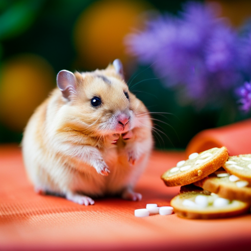 An image capturing the essence of a friendly hamster: a plump, golden-furred hamster with sparkling, approachable eyes, eagerly nibbling on a treat from a gentle hand, surrounded by a cozy, colorful habitat