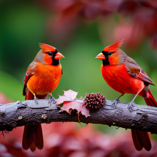 An image capturing the intense breeding season activities of male and female cardinals