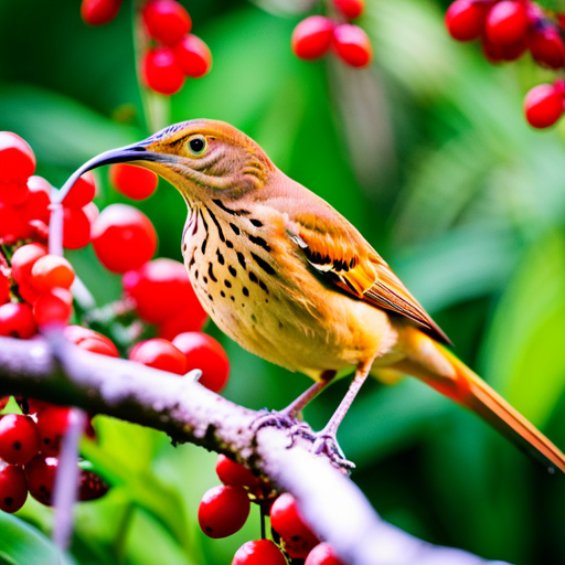 An image showcasing the Melodious Brown Thrasher's feeding habits and diet