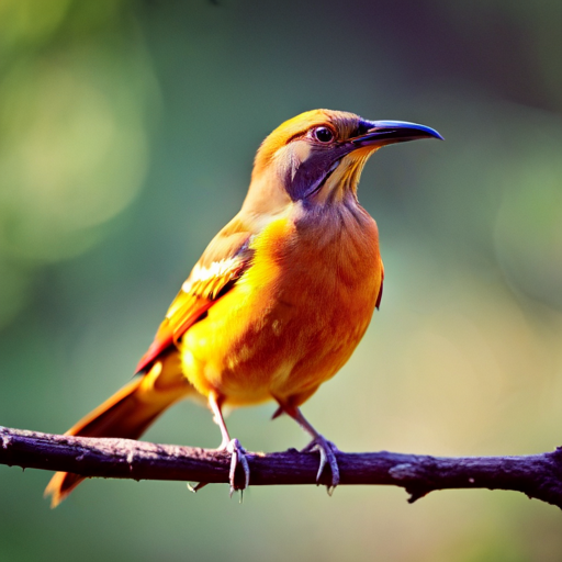 An image capturing the vibrant essence of Georgia's State Bird, the Melodious Brown Thrasher, perched on a branch, its russet feathers glimmering in the golden sunlight as it sings with unparalleled grace