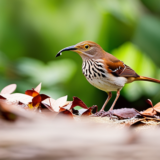 An image showcasing a Melodious Brown Thrasher in action, its sharp beak digging through leaf litter, sending dirt flying, as it searches for insects and grubs hidden beneath the ground