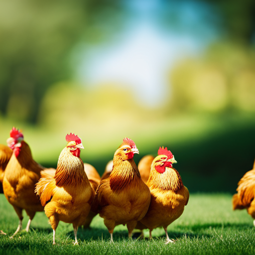 An image that showcases a flock of Golden Comet chickens basking under the warm sun, their glossy feathers glistening in shades of vibrant gold, while they roam freely in a lush green pasture