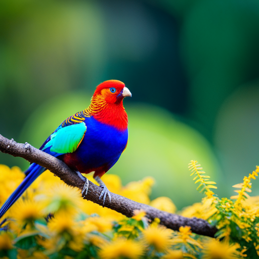An image showcasing a resplendent male Golden Pheasant perched atop a lush, emerald branch, its vibrant plumage aglow with fiery red, shimmering gold, and deep sapphire blue, a true masterpiece of nature's palette