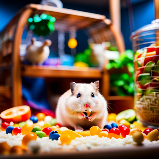 Nt hamster habitat showcasing a spacious, multi-level cage with cozy bedding, a running wheel, chew toys, and a variety of fresh fruits and vegetables scattered across the floor