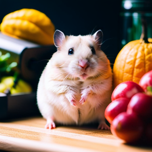 An image showcasing a hamster surrounded by a variety of objects such as fresh fruits, a clean cage, a wheel, and a water bottle, illustrating the factors that influence a hamster's lifespan