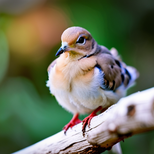 An image capturing the tender moment of a baby mourning dove, just fledged, perched on a branch, its fluffy feathers gently ruffled by the wind, as it gazes curiously at the vast world before it