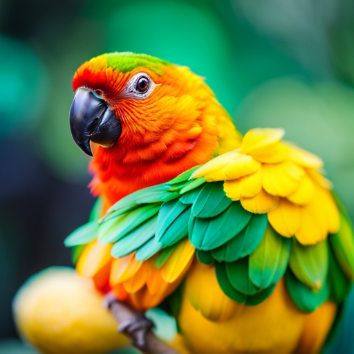 An image showcasing a vibrant Jenday Conure perched on a branch, its stunning plumage radiating a vivid spectrum of oranges, yellows, greens, and blues, capturing the captivating allure of their physical appearance
