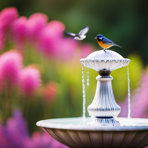 An image showcasing a serene garden scene with a vibrant bird bath fountain as the focal point