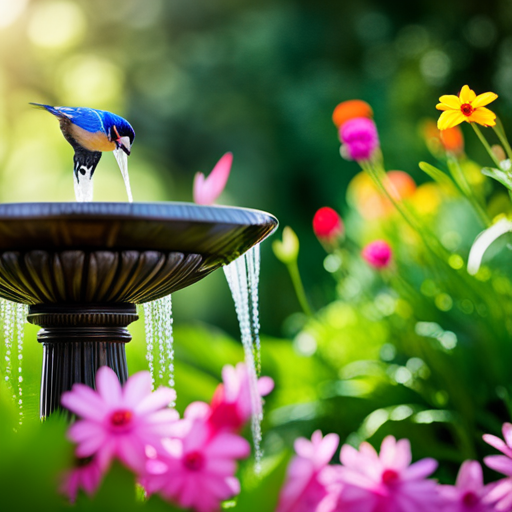 An image of a lush, blooming garden with a stunning bird bath fountain as its centerpiece