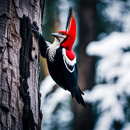 a vibrant, lush forest scene in North Carolina, showcasing the majestic Pileated Woodpecker in action